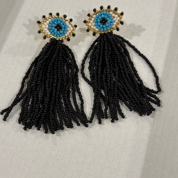 Black and Blue Tassel Earrings with Gold Accents - Picture 1 of 3